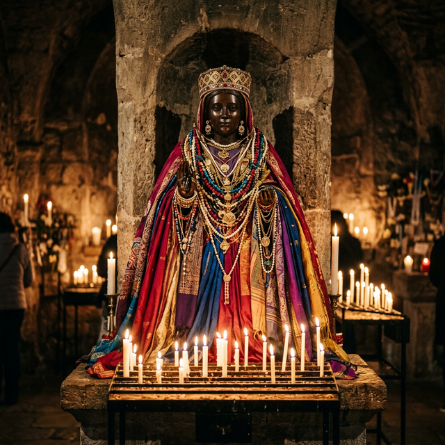 Statue de Sainte Sara parée de robes dans la crypte