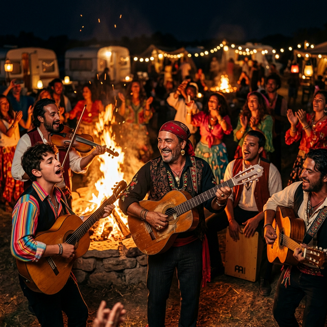 Musiciens gitans jouant de la guitare au coucher du soleil